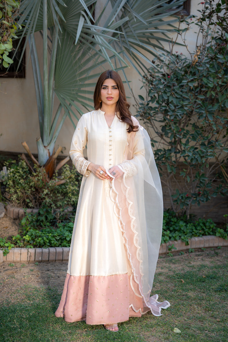 Wahaj M Khan | Pari Collection | Ivory Rawsilk Anarkali - Official Wahaj M Khan stockist in UK - Sakeena London