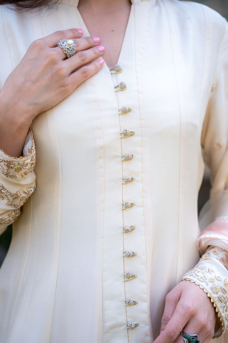 Wahaj M Khan | Pari Collection | Ivory Rawsilk Anarkali - Official Wahaj M Khan stockist in UK - Sakeena London