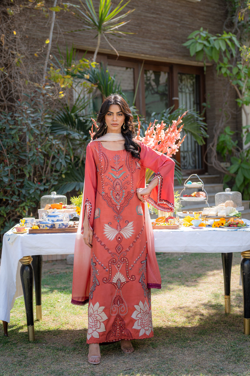 Wahaj M Khan | Pari Collection | Rust Maroon Kaftan Pari Outfit - Official Wahaj M Khan stockist in UK - Sakeena London