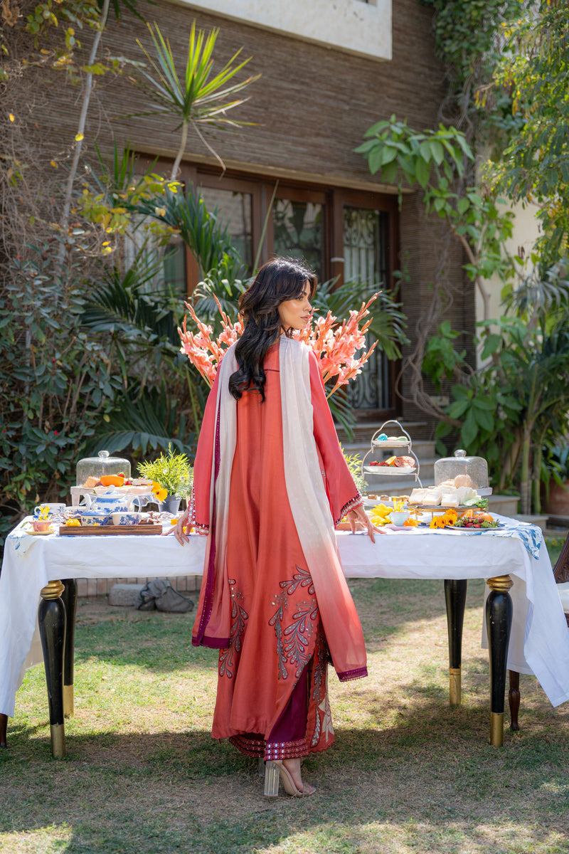 Wahaj M Khan | Pari Collection | Rust Maroon Kaftan Pari Outfit - Official Wahaj M Khan stockist in UK - Sakeena London