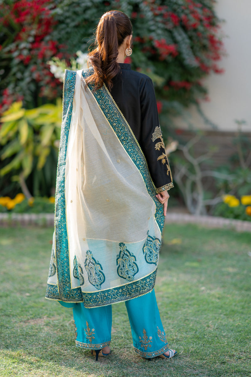 Wahaj M Khan | Pari Collection | Black Turquoise Pari Outfit - Official Wahaj M Khan stockist in UK - Sakeena London