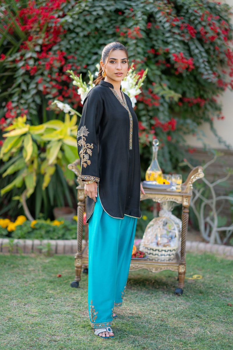 Wahaj M Khan | Pari Collection | Black Turquoise Pari Outfit - Official Wahaj M Khan stockist in UK - Sakeena London