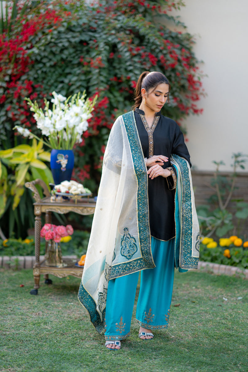 Wahaj M Khan | Pari Collection | Black Turquoise Pari Outfit - Official Wahaj M Khan stockist in UK - Sakeena London