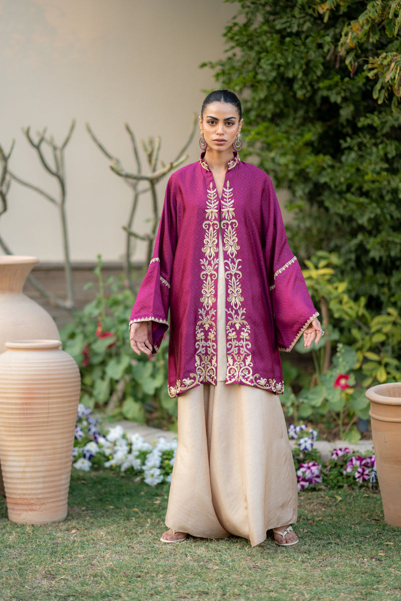 Wahaj M Khan | Pari Collection | Magenta cape Pari Outfit - Official Wahaj M Khan stockist in UK - Sakeena London