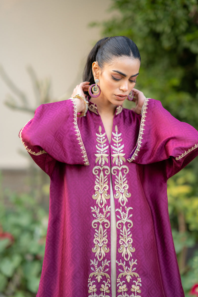 Wahaj M Khan | Pari Collection | Magenta cape Pari Outfit - Official Wahaj M Khan stockist in UK - Sakeena London