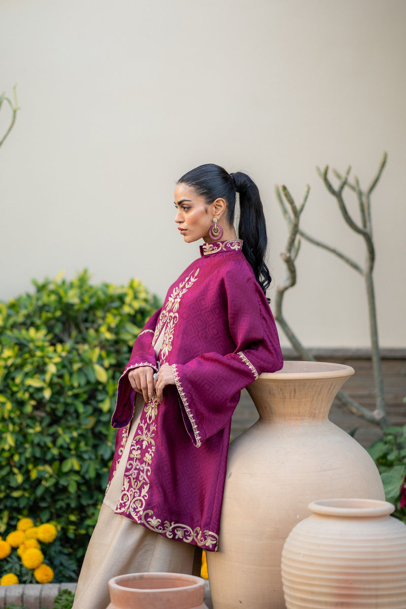 Wahaj M Khan | Pari Collection | Magenta cape Pari Outfit - Official Wahaj M Khan stockist in UK - Sakeena London