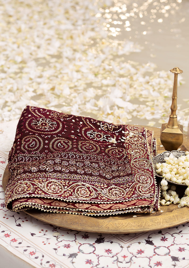 Aik Atelier | MAROON TUSSAR SILK CHUNRI SHAWL - Official Aik Atelier stockist in UK - Sakeena London