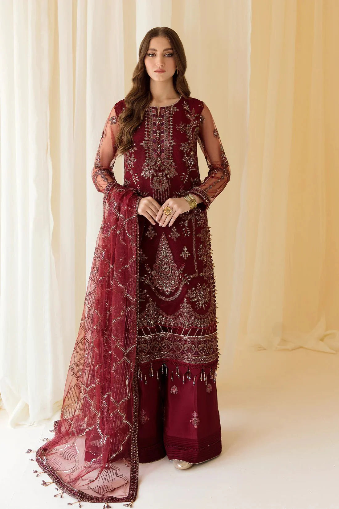 Alizeh | Formals Collection | Embroidered Net Maroon - V14D08 - Raya - Official Alizeh stockist in UK - Sakeena London