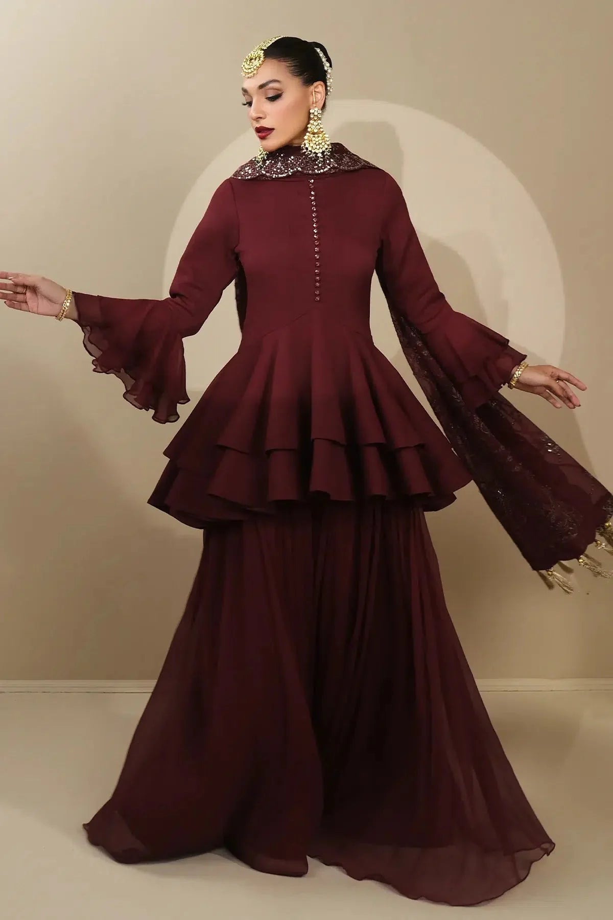 Alizeh | Formals Collection | Maroon Peplum 3 piece - RTW1014 - Official Alizeh stockist in UK - Sakeena London