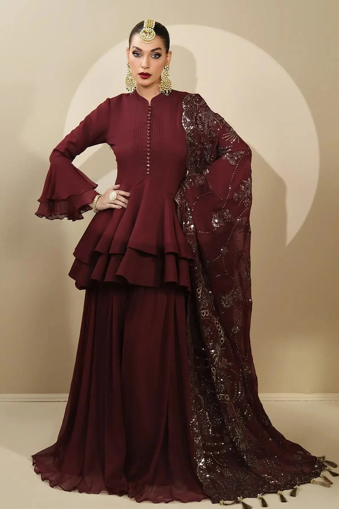 Alizeh | Formals Collection | Maroon Peplum 3 piece - RTW1014 - Official Alizeh stockist in UK - Sakeena London