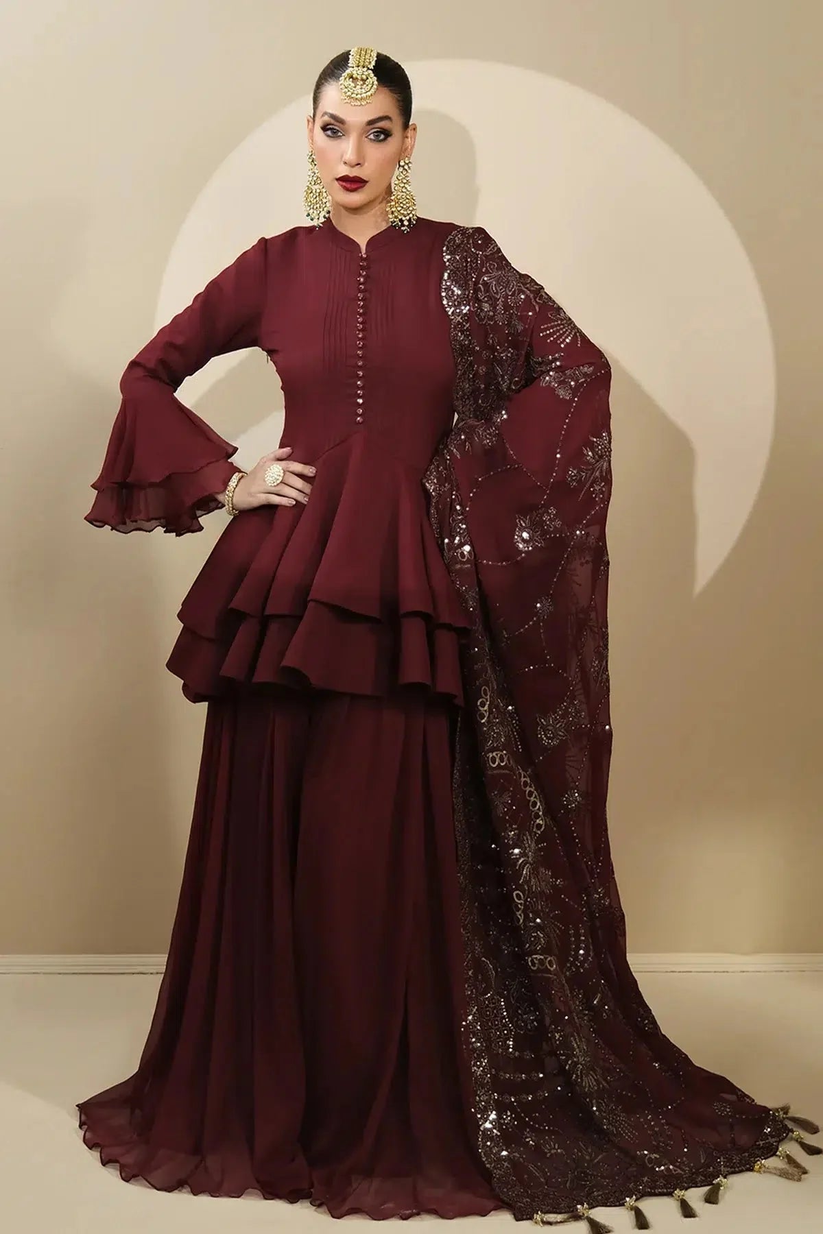 Alizeh | Formals Collection | Maroon Peplum 3 piece - RTW1014 - Official Alizeh stockist in UK - Sakeena London