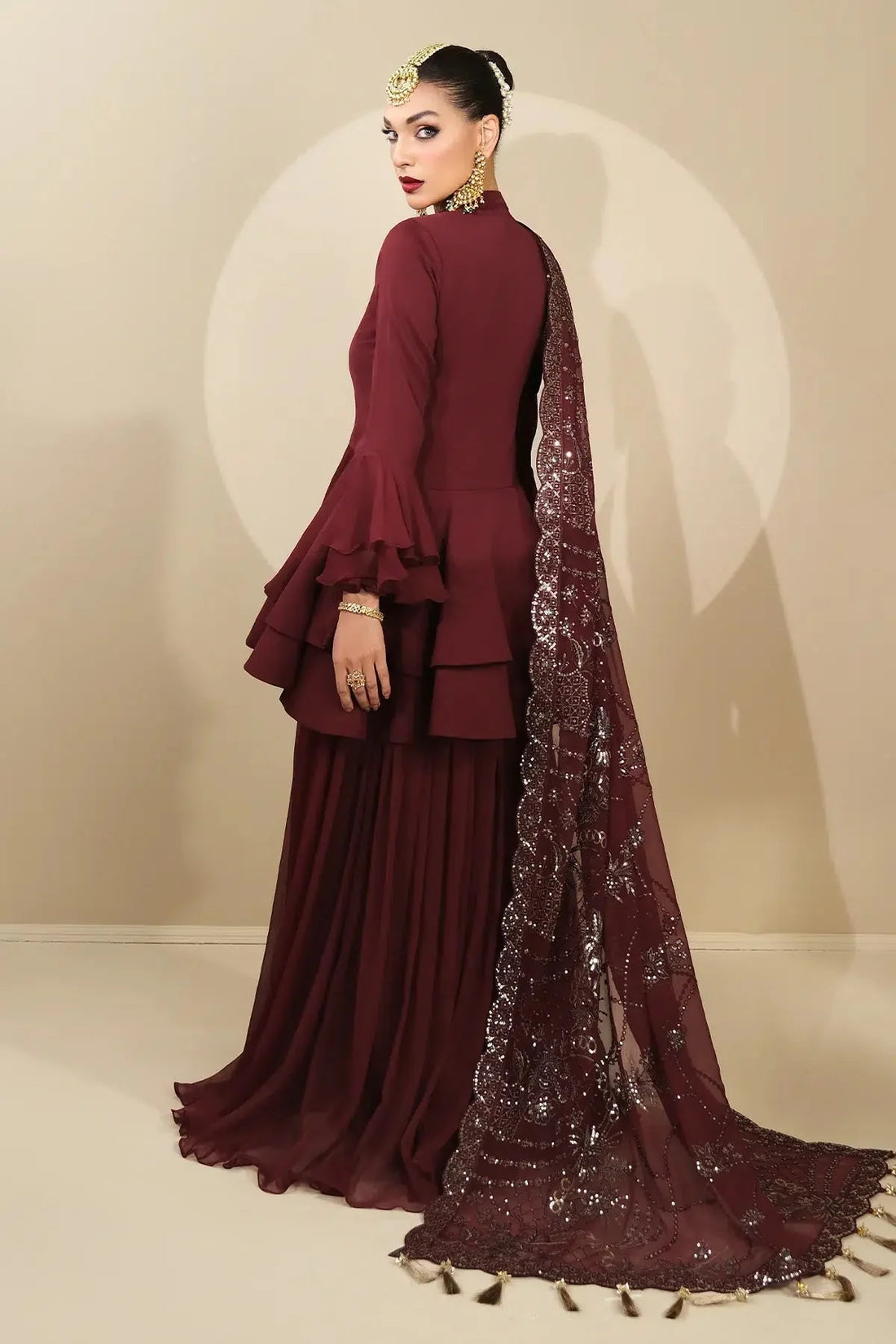 Alizeh | Formals Collection | Maroon Peplum 3 piece - RTW1014 - Official Alizeh stockist in UK - Sakeena London