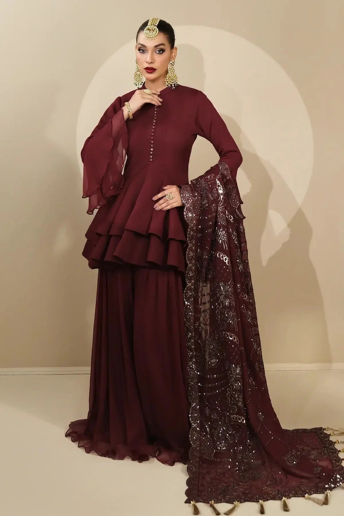 Alizeh | Formals Collection | Maroon Peplum 3 piece - RTW1014 - Official Alizeh stockist in UK - Sakeena London