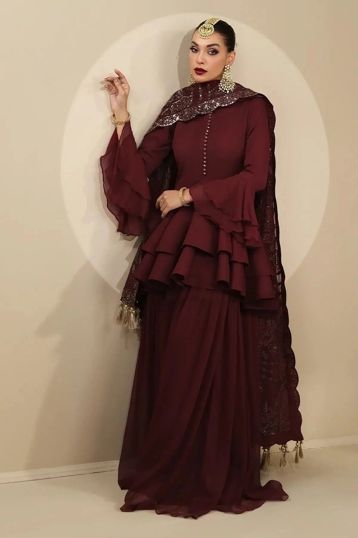 Alizeh | Formals Collection | Maroon Peplum 3 piece - RTW1014 - Official Alizeh stockist in UK - Sakeena London