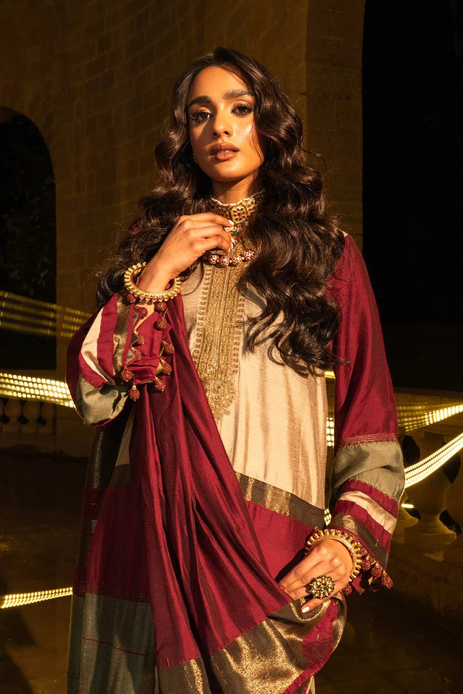 Alkaram | Spring Summer Festive 24 | Embroidered Yarn Dyed Beige - Official Alkaram stockist in UK - Sakeena London