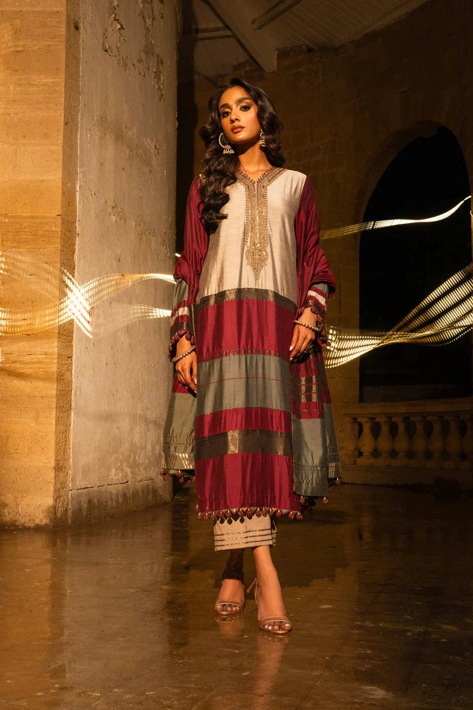 Alkaram | Spring Summer Festive 24 | Embroidered Yarn Dyed Beige - Official Alkaram stockist in UK - Sakeena London