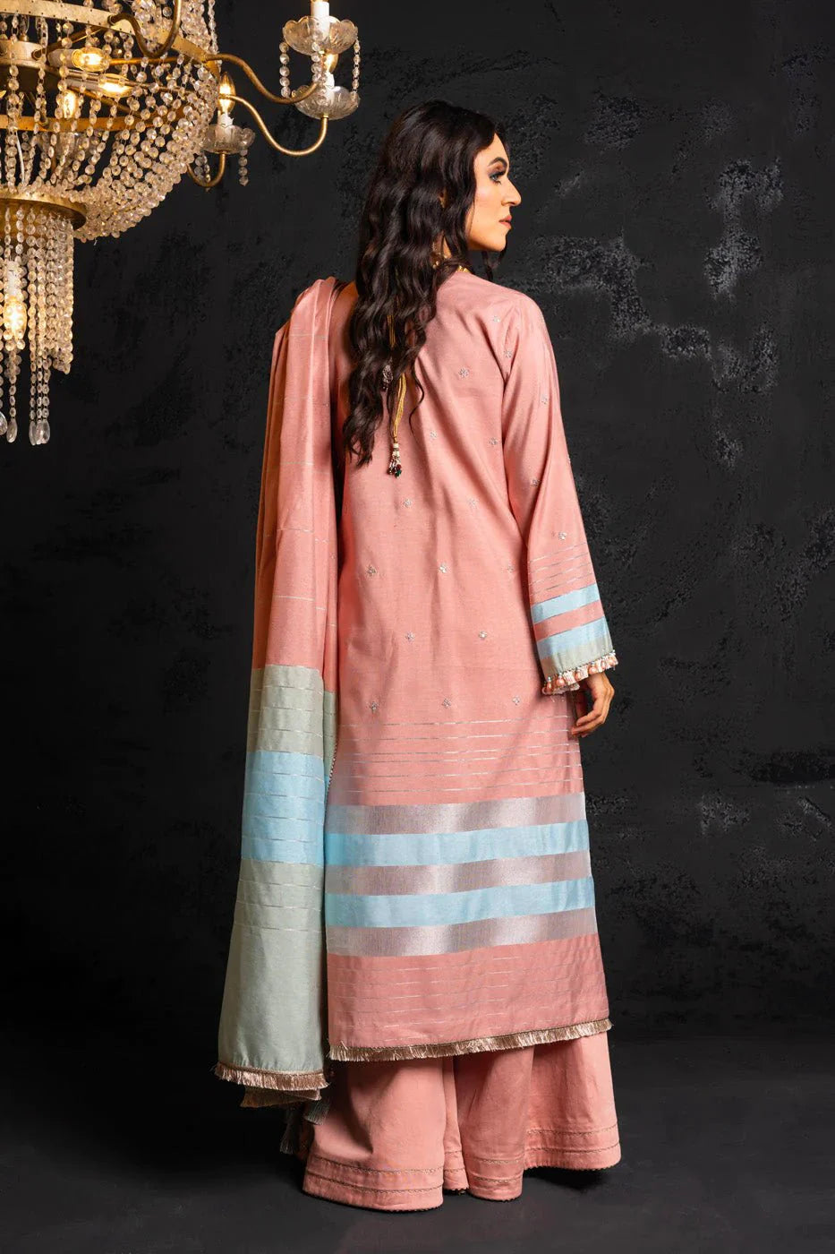 Alkaram | Spring Summer Festive 24 | Embroidered Yarn Dyed Salmon Pink - Official Alkaram stockist in UK - Sakeena London