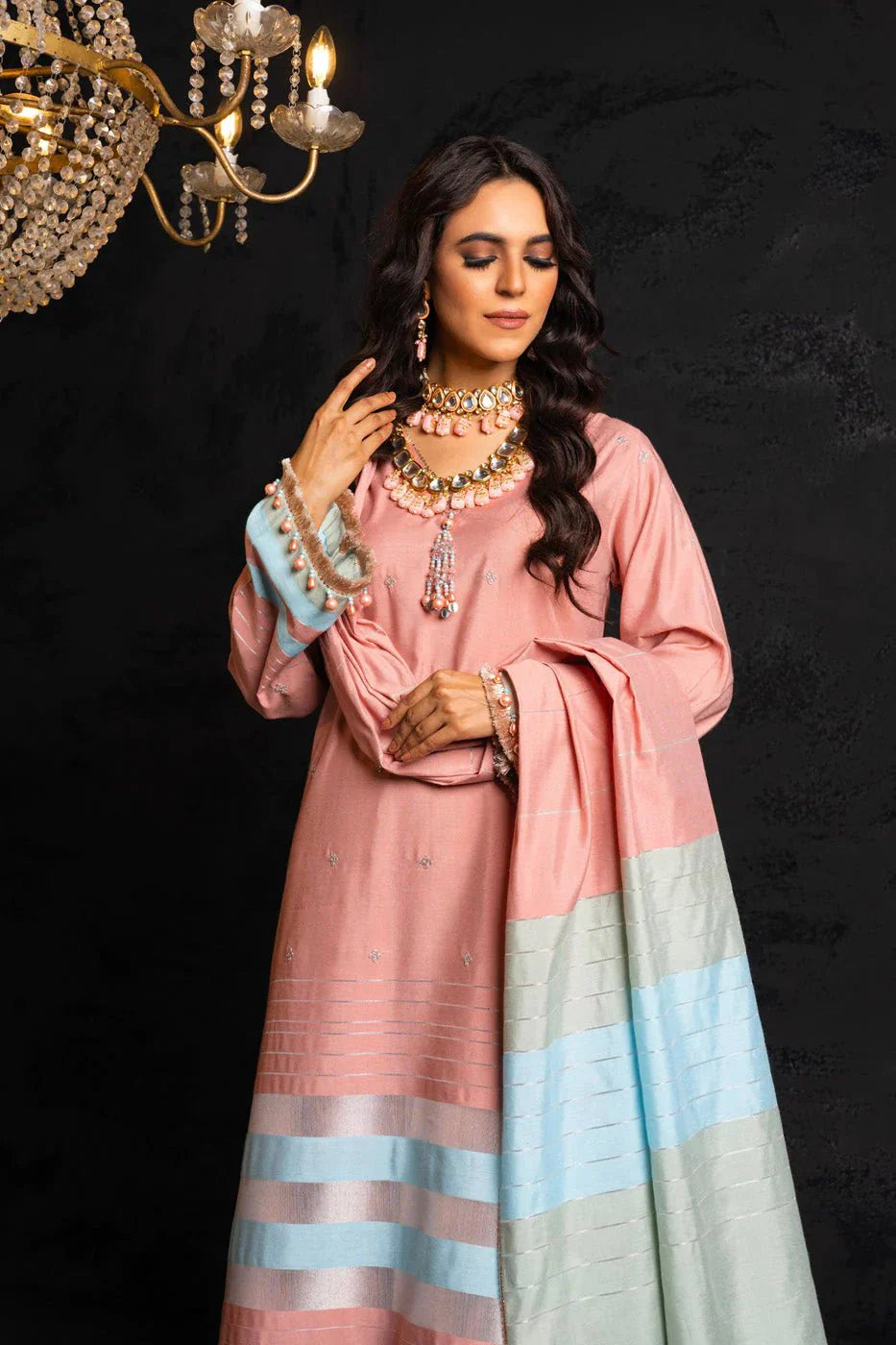 Alkaram | Spring Summer Festive 24 | Embroidered Yarn Dyed Salmon Pink - Official Alkaram stockist in UK - Sakeena London