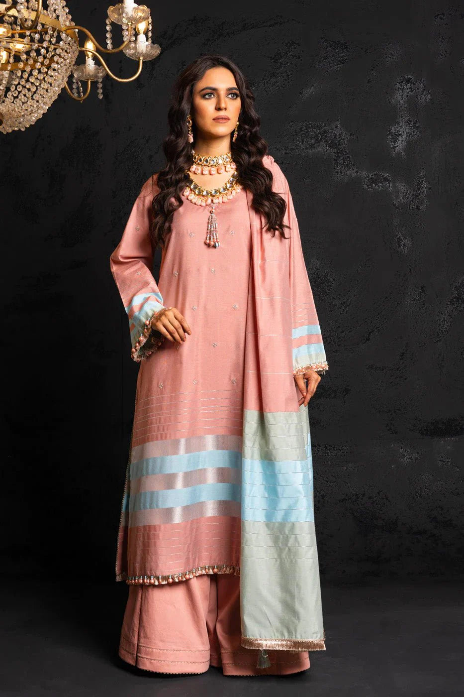 Alkaram | Spring Summer Festive 24 | Embroidered Yarn Dyed Salmon Pink - Official Alkaram stockist in UK - Sakeena London