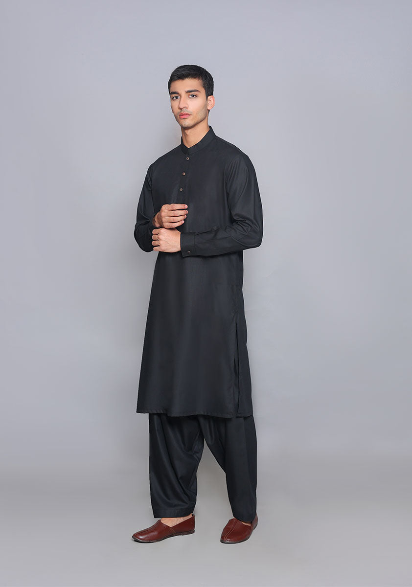Pakistani Menswear | Amir Adnan - Basic Poly Viscose Pirat Black Classic Fit Suit - Official Sakeena London Ltd. stockist in UK - Sakeena London