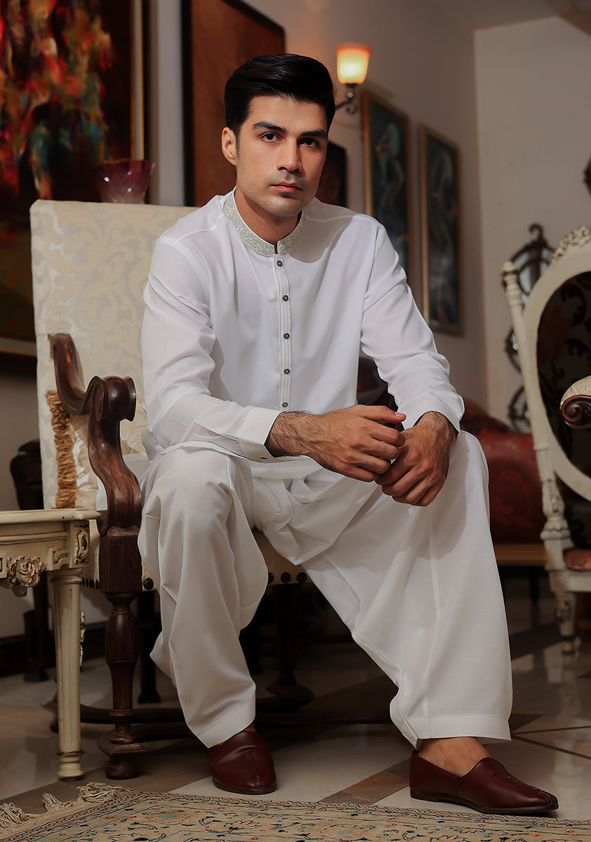 Pakistani Menswear | Amir Adnan - Basic Cotton Silk Cloud Dancer Classic Fit Embroidered Suit - Official Sakeena London Ltd. stockist in UK - Sakeena London
