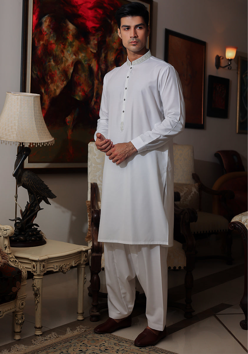 Pakistani Menswear | Amir Adnan - Basic Cotton Silk Cloud Dancer Classic Fit Embroidered Suit - Official Sakeena London Ltd. stockist in UK - Sakeena London