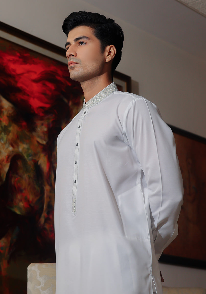 Pakistani Menswear | Amir Adnan - Basic Cotton Silk Cloud Dancer Classic Fit Embroidered Suit - Official Sakeena London Ltd. stockist in UK - Sakeena London