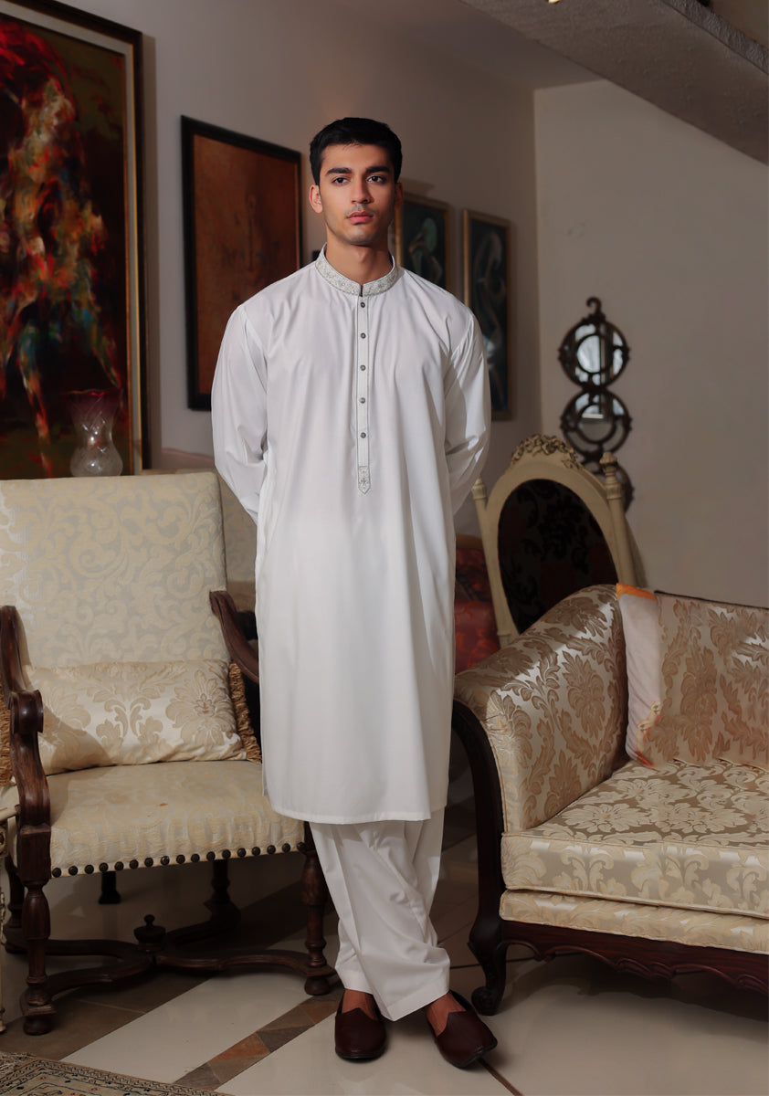 Pakistani Menswear | Amir Adnan - Basic Poly Viscose Bright White Classic Fit Embroidered Suit - Official Sakeena London Ltd. stockist in UK - Sakeena London