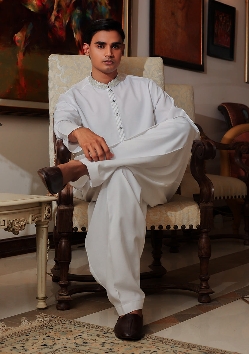 Pakistani Menswear | Amir Adnan - Basic Cotton Silk Cloud Dancer Classic Fit Embroidered Suit - Official Sakeena London Ltd. stockist in UK - Sakeena London