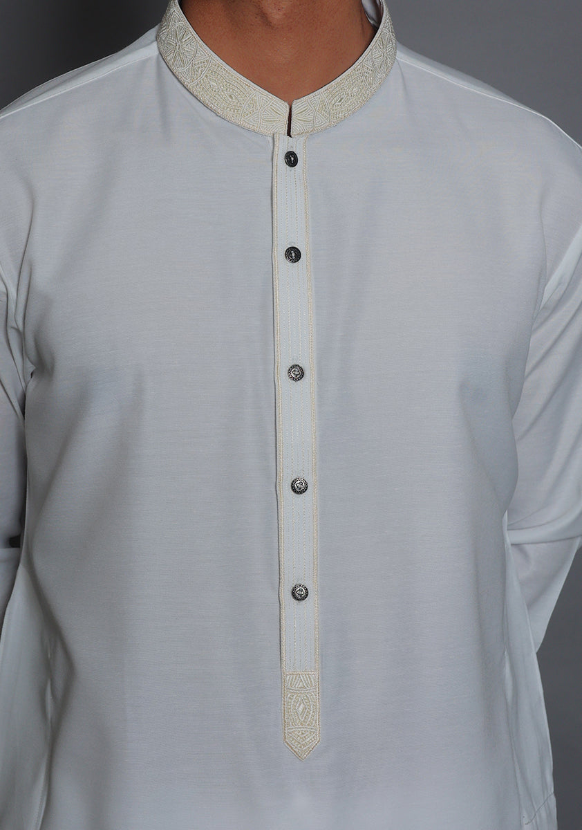 Pakistani Menswear | Amir Adnan - Basic Cotton Silk Cloud Dancer Slim Fit Embroidered Suit - Official Sakeena London Ltd. stockist in UK - Sakeena London