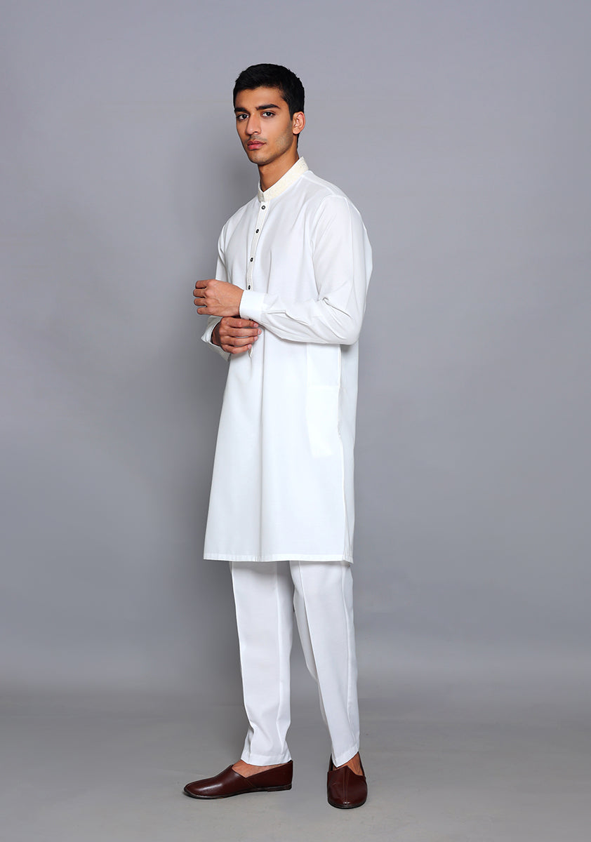 Pakistani Menswear | Amir Adnan - Basic Cotton Silk Cloud Dancer Slim Fit Embroidered Suit - Official Sakeena London Ltd. stockist in UK - Sakeena London