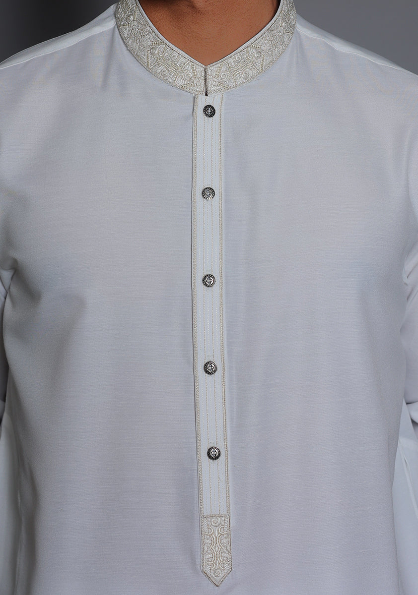 Pakistani Menswear | Amir Adnan - Basic Cotton Silk Cloud Dancer Slim Fit Embroidered Suit - Official Sakeena London Ltd. stockist in UK - Sakeena London