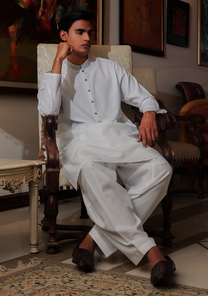 Pakistani Menswear | Amir Adnan - Basic Cotton Silk Cloud Dancer Classic Fit Embroidered Suit - Official Sakeena London Ltd. stockist in UK - Sakeena London