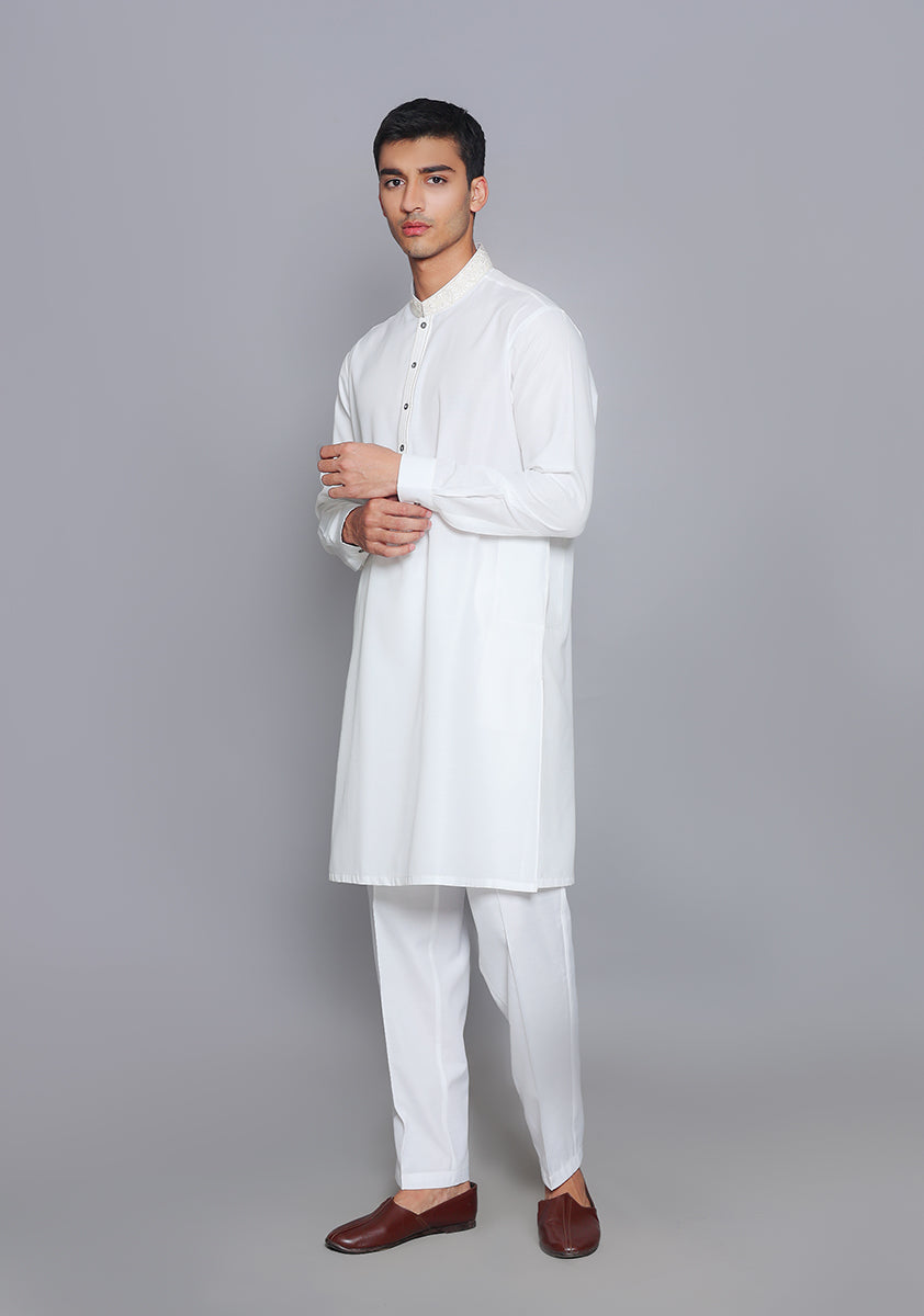 Pakistani Menswear | Amir Adnan - Basic Cotton Silk Cloud Dancer Slim Fit Embroidered Suit - Official Sakeena London Ltd. stockist in UK - Sakeena London