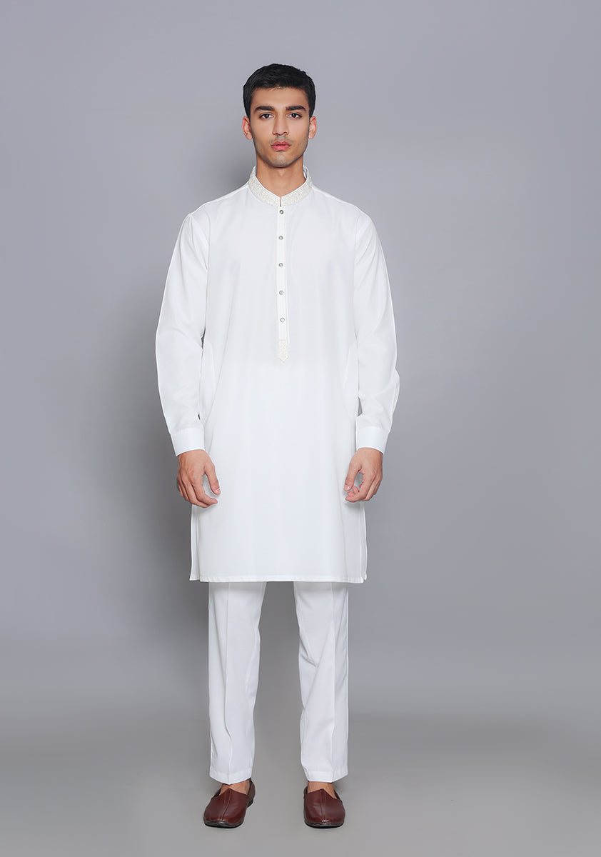 Pakistani Menswear | Amir Adnan - Basic Cotton Silk Cloud Dancer Slim Fit Embroidered Suit - Official Sakeena London Ltd. stockist in UK - Sakeena London