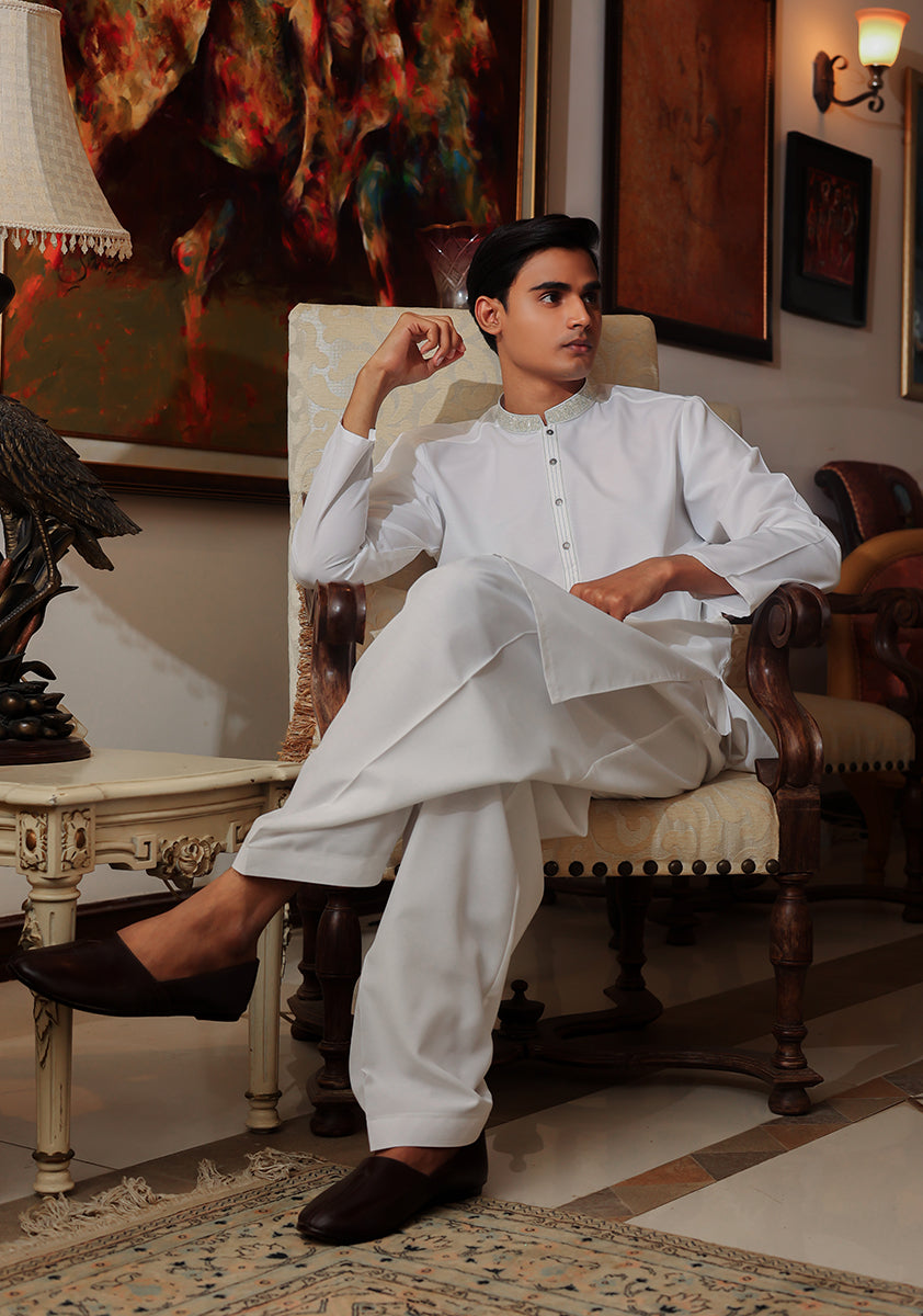 Pakistani Menswear | Amir Adnan - Basic Cotton Silk Cloud Dancer Classic Fit Embroidered Suit - Official Sakeena London Ltd. stockist in UK - Sakeena London