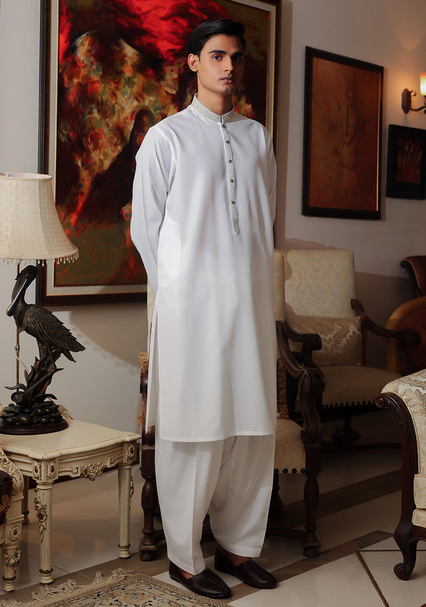 Pakistani Menswear | Amir Adnan - Basic Cotton Silk Cloud Dancer Classic Fit Embroidered Suit - Official Sakeena London Ltd. stockist in UK - Sakeena London