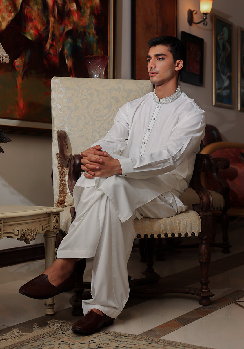 Pakistani Menswear | Amir Adnan - Basic Poly Viscose Bright White Classic Fit Embroidered Suit - Official Sakeena London Ltd. stockist in UK - Sakeena London