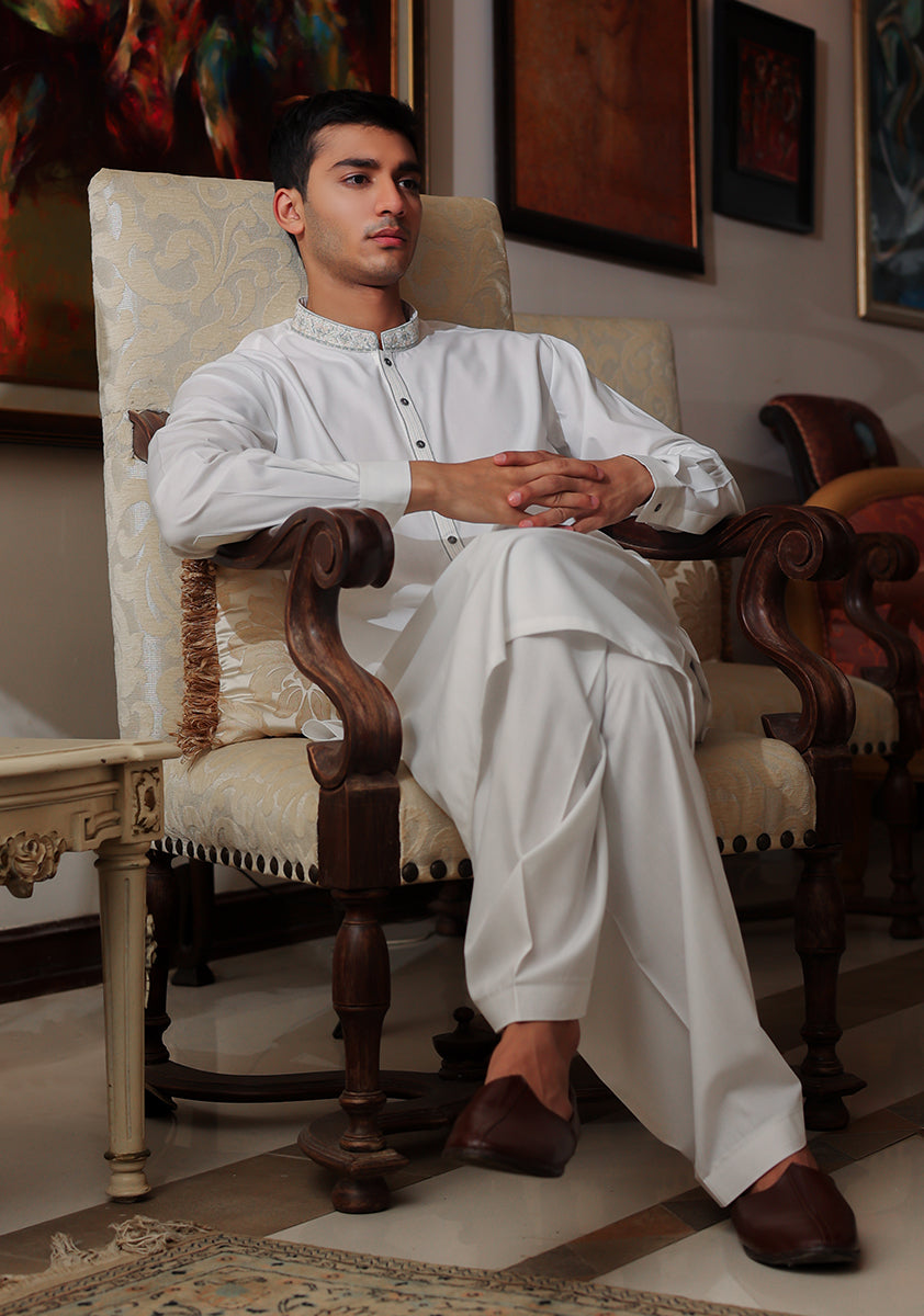 Pakistani Menswear | Amir Adnan - Basic Poly Viscose Bright White Classic Fit Embroidered Suit - Official Sakeena London Ltd. stockist in UK - Sakeena London