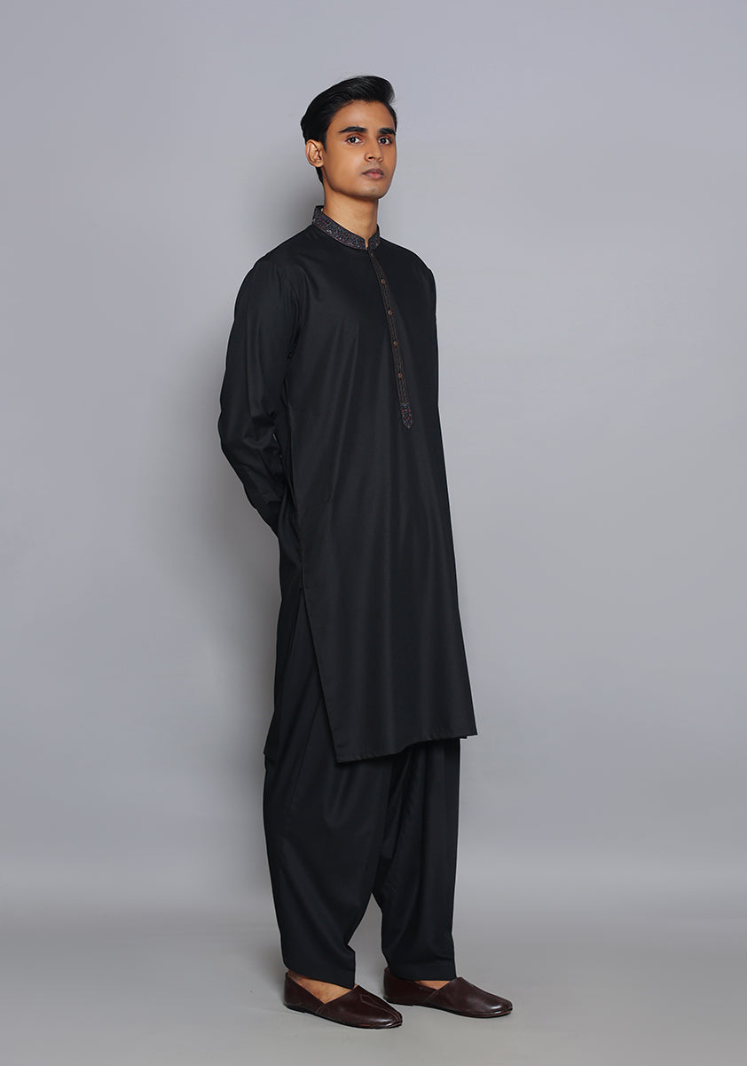 Pakistani Menswear | Amir Adnan - Basic Poly Viscose Pirat Black Classic Fit Embroidered Suit - Official Sakeena London Ltd. stockist in UK - Sakeena London
