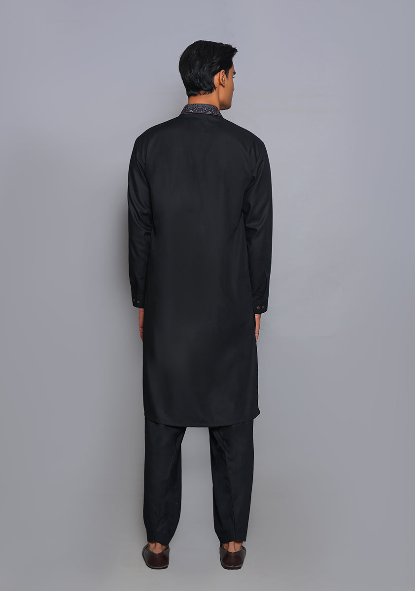 Pakistani Menswear | Amir Adnan - Basic Poly Viscose Pirat Black Classic Fit Embroidered Suit - Official Sakeena London Ltd. stockist in UK - Sakeena London
