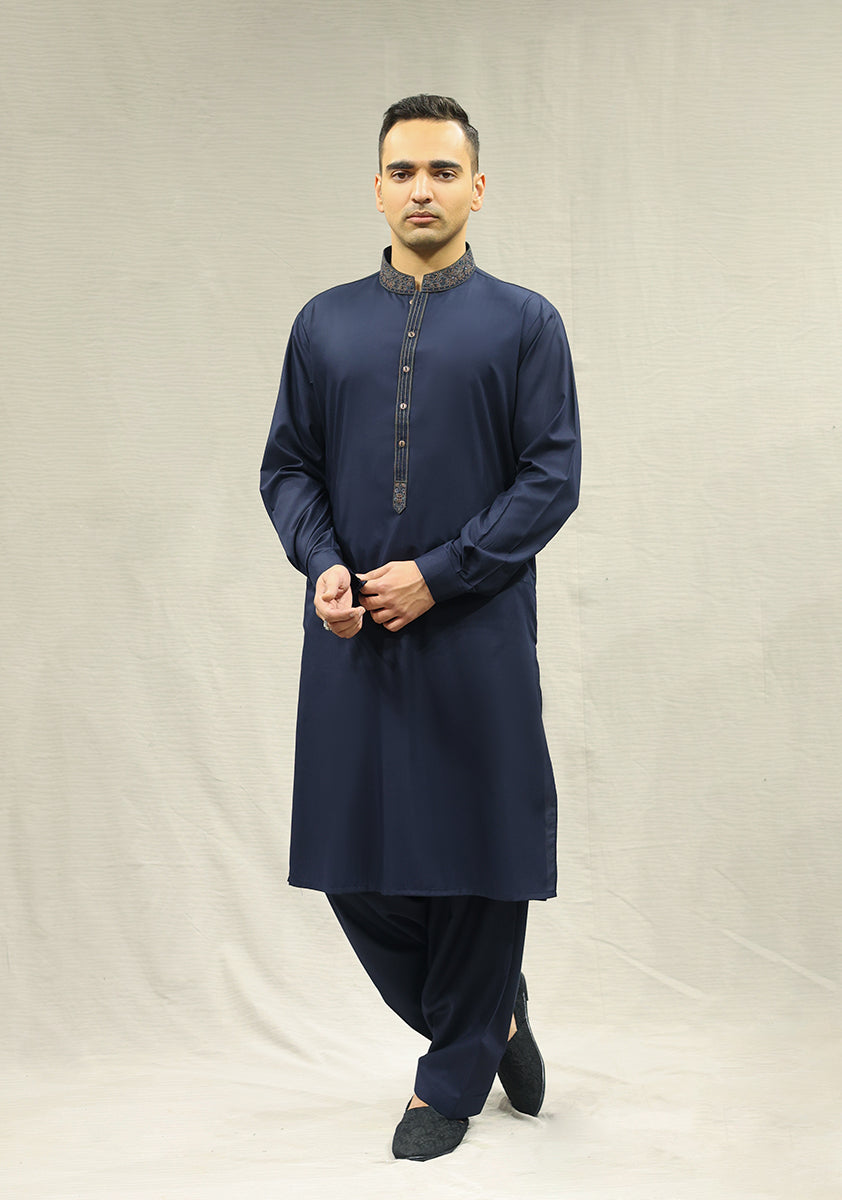 Pakistani Menswear | Amir Adnan - Classic Poly Viscose Salute Slim Fit Embroidered Suit - Official Sakeena London Ltd. stockist in UK - Sakeena London