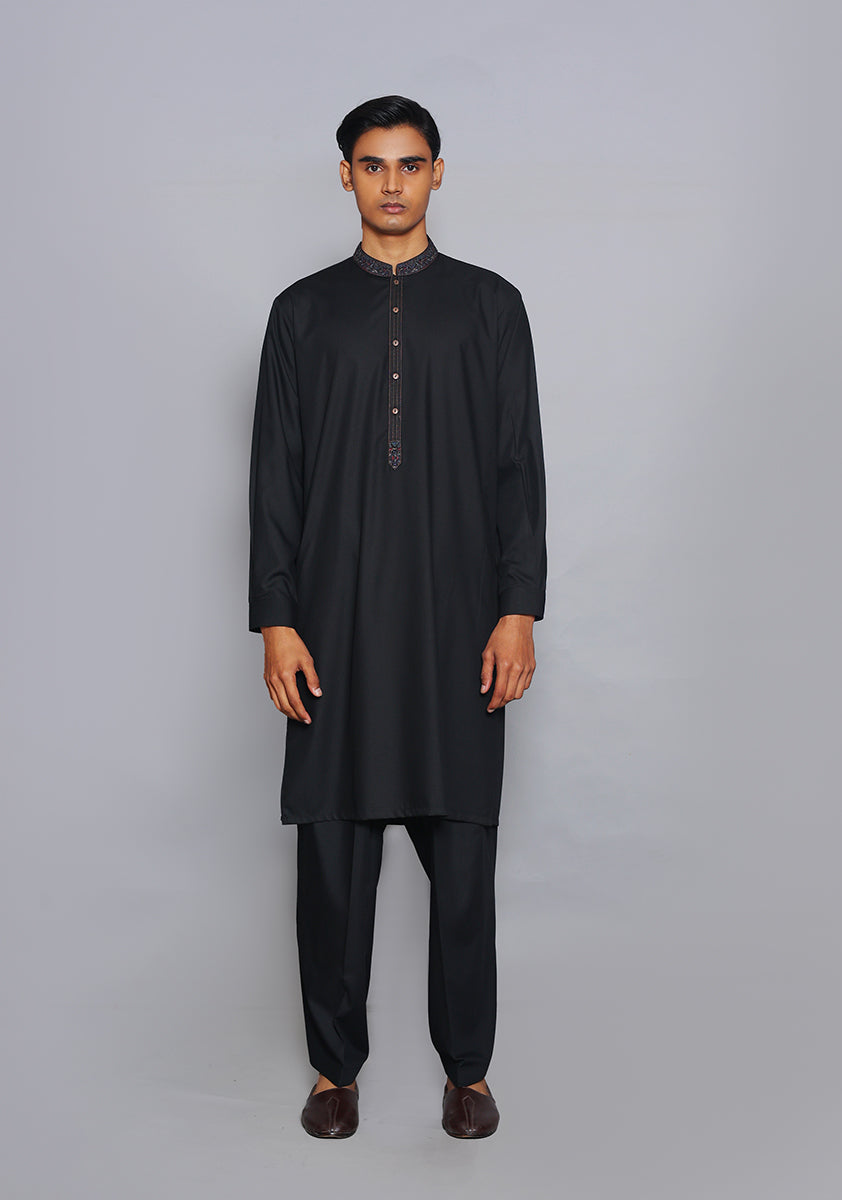 Pakistani Menswear | Amir Adnan - Basic Poly Viscose Pirat Black Classic Fit Embroidered Suit - Official Sakeena London Ltd. stockist in UK - Sakeena London