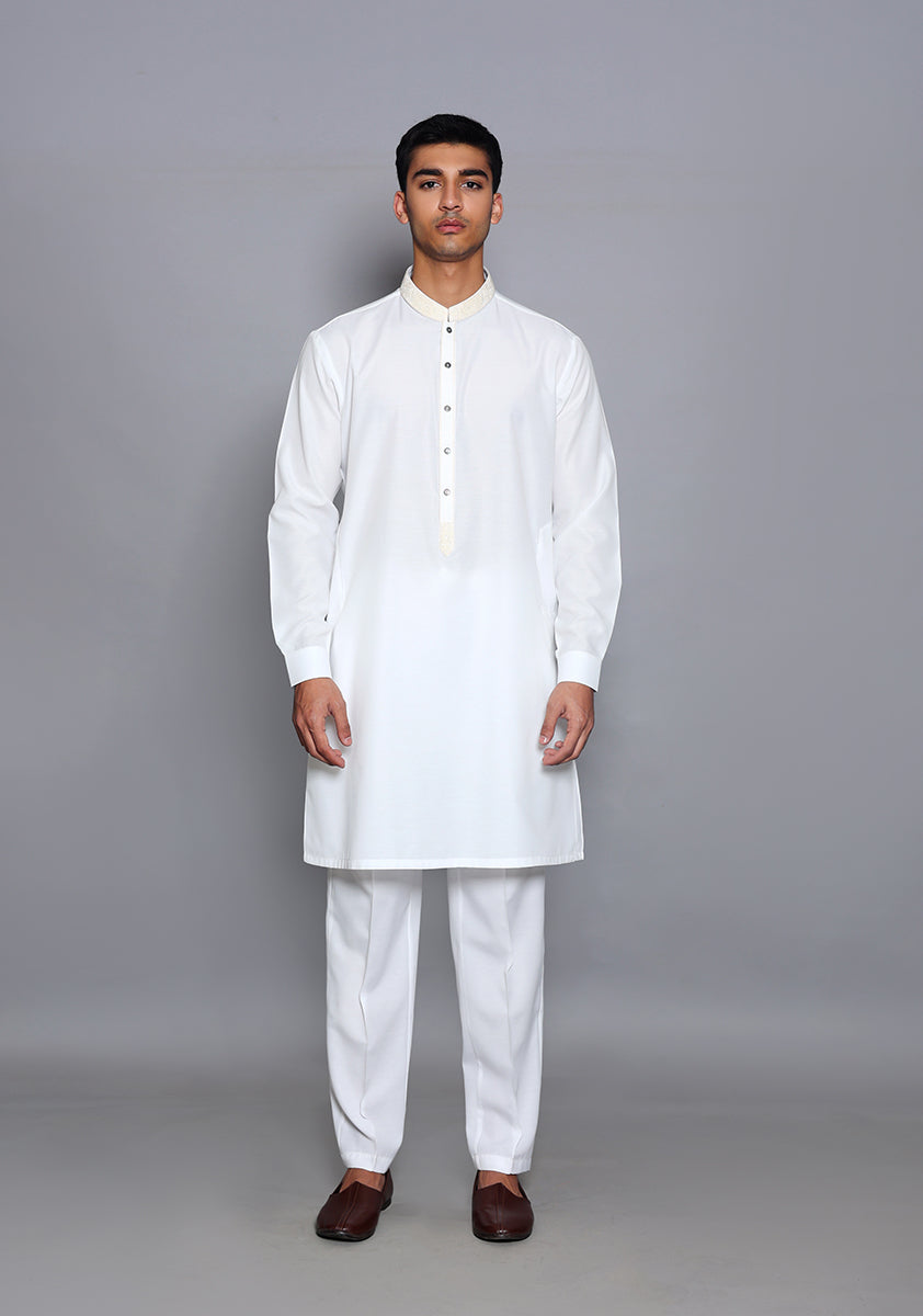 Pakistani Menswear | Amir Adnan - Basic Cotton Silk Cloud Dancer Slim Fit Embroidered Suit - Official Sakeena London Ltd. stockist in UK - Sakeena London
