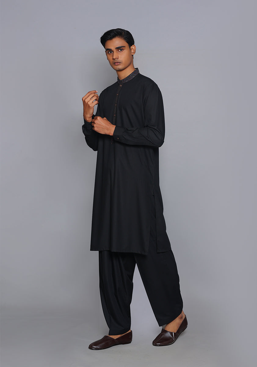Pakistani Menswear | Amir Adnan - Basic Poly Viscose Pirat Black Classic Fit Embroidered Suit - Official Sakeena London Ltd. stockist in UK - Sakeena London