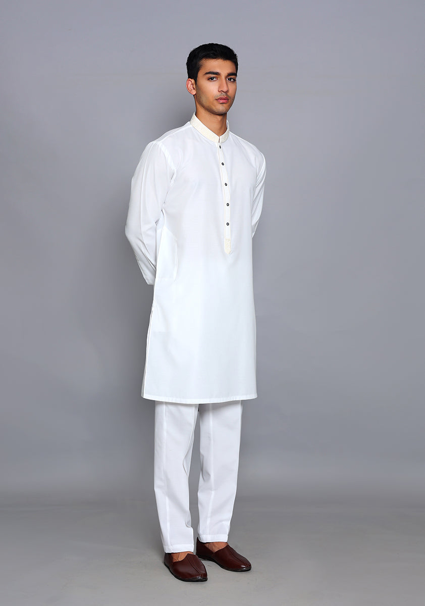Pakistani Menswear | Amir Adnan - Basic Cotton Silk Cloud Dancer Slim Fit Embroidered Suit - Official Sakeena London Ltd. stockist in UK - Sakeena London