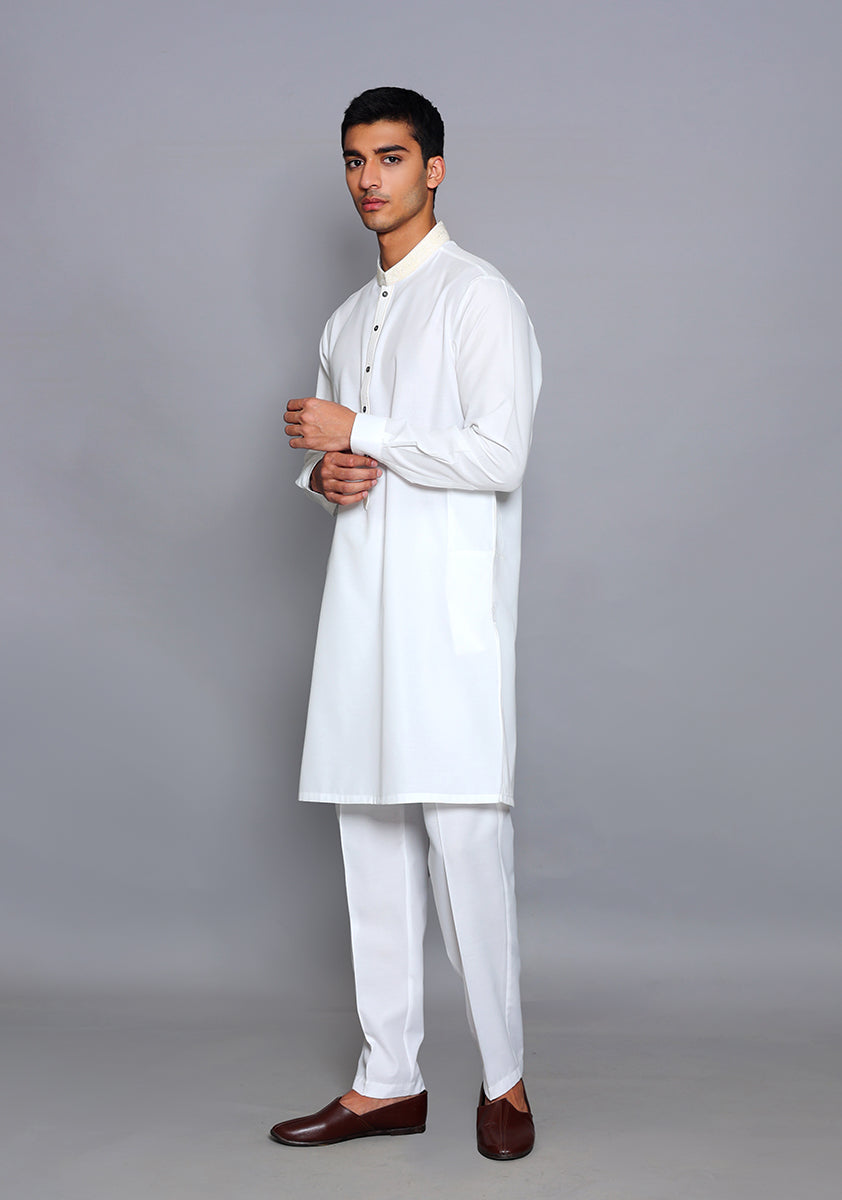 Pakistani Menswear | Amir Adnan - Basic Cotton Silk Cloud Dancer Slim Fit Embroidered Suit - Official Sakeena London Ltd. stockist in UK - Sakeena London