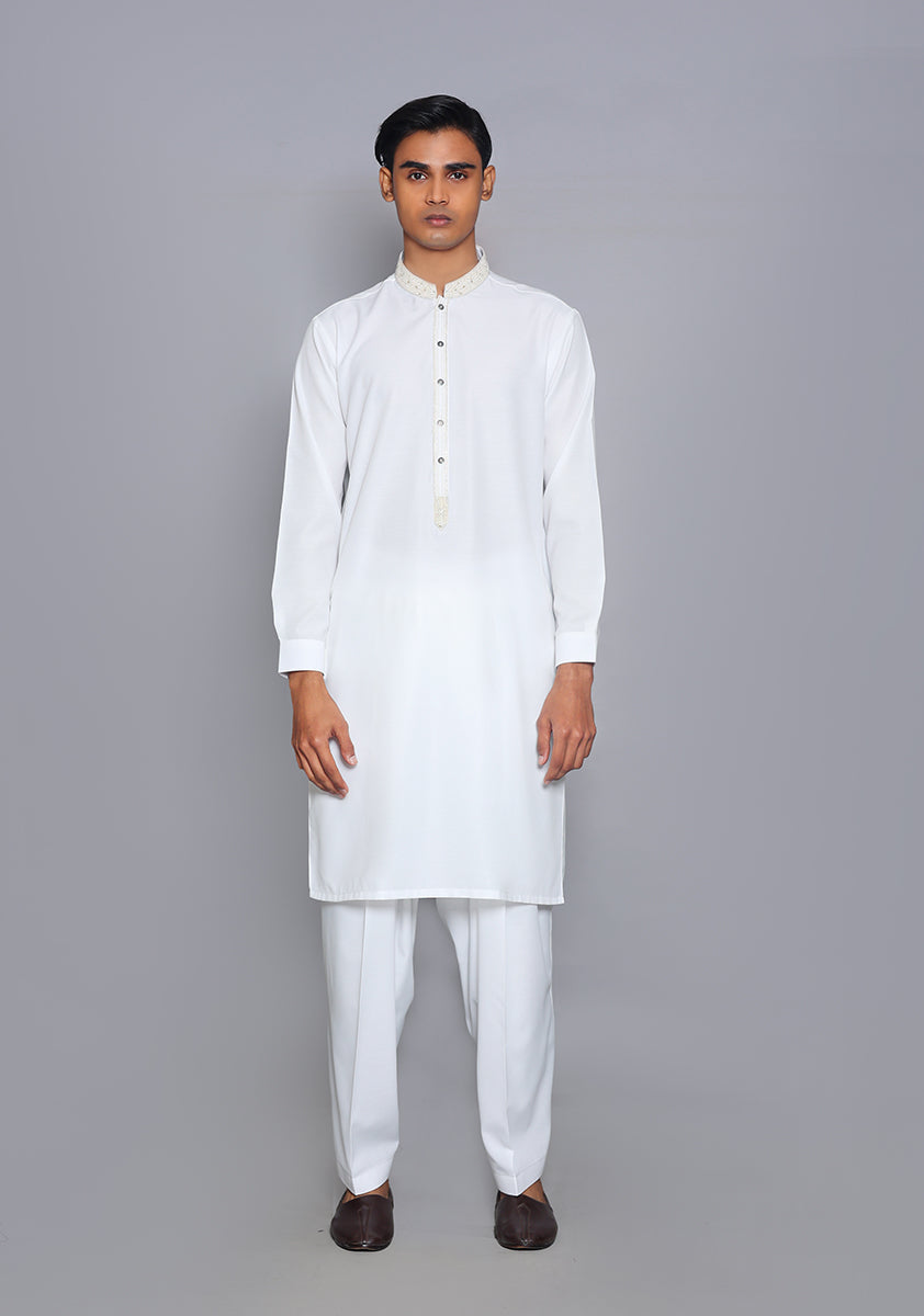 Pakistani Menswear | Amir Adnan - Basic Cotton Silk Cloud Dancer Classic Fit Embroidered Suit - Official Sakeena London Ltd. stockist in UK - Sakeena London