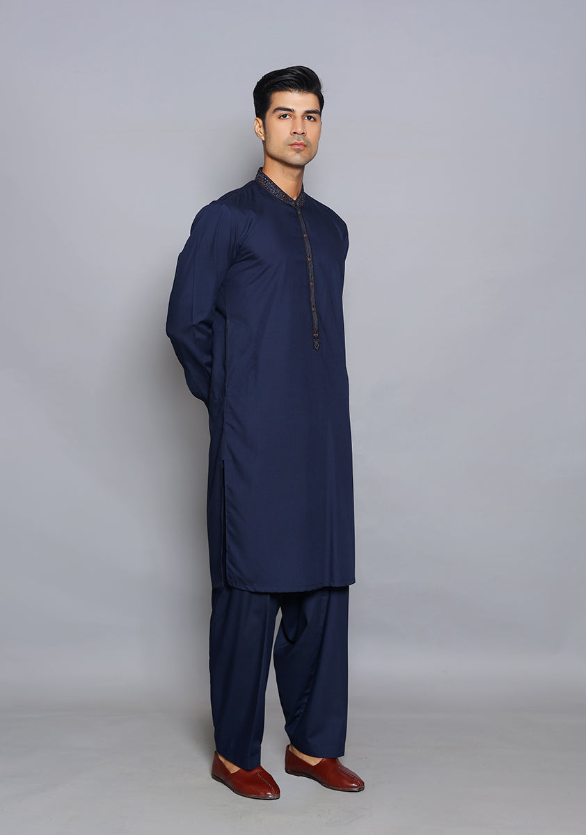 Pakistani Menswear | Amir Adnan - Basic Poly Viscose Navy Blazer Slim Fit Embroidered Suit - Official Sakeena London Ltd. stockist in UK - Sakeena London