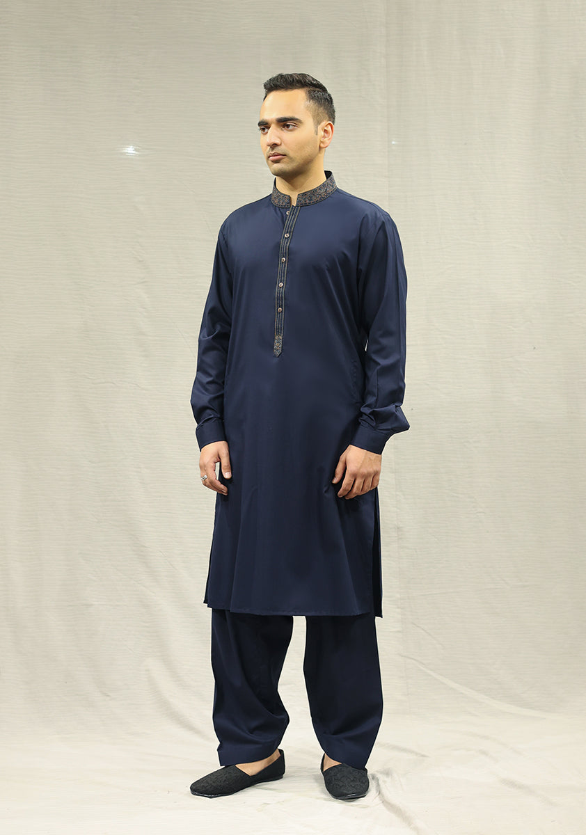 Pakistani Menswear | Amir Adnan - Classic Poly Viscose Salute Slim Fit Embroidered Suit - Official Sakeena London Ltd. stockist in UK - Sakeena London